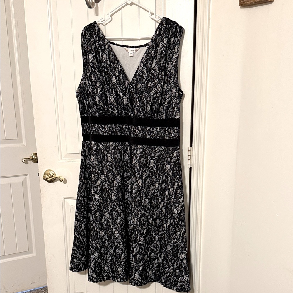 Aa Studio Plus Sized Black and White Floral Sequined Midi Dress